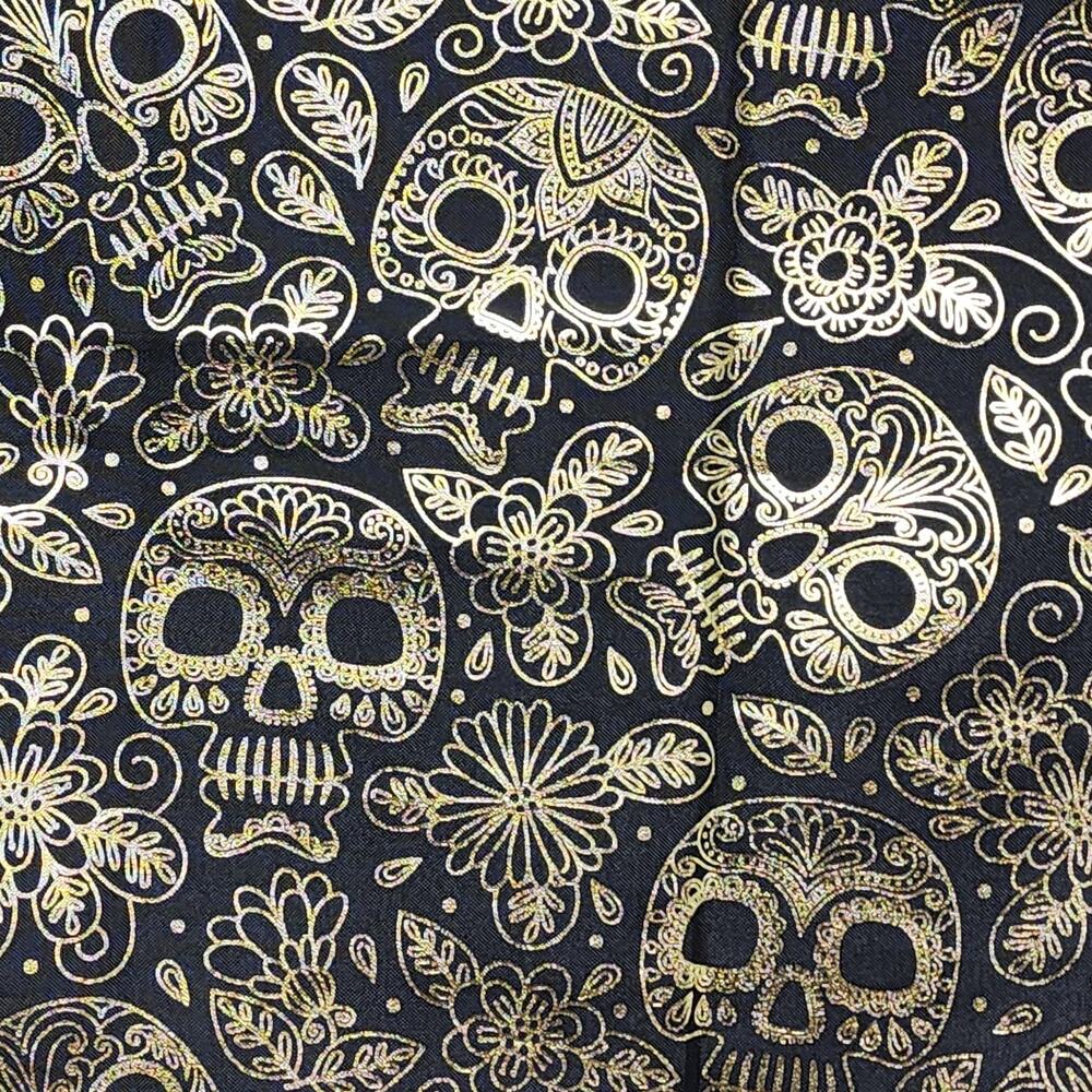 Halloween Tablecloth Black Gold Skull Gothic Poly 60x84" Metallic Sugar Skull